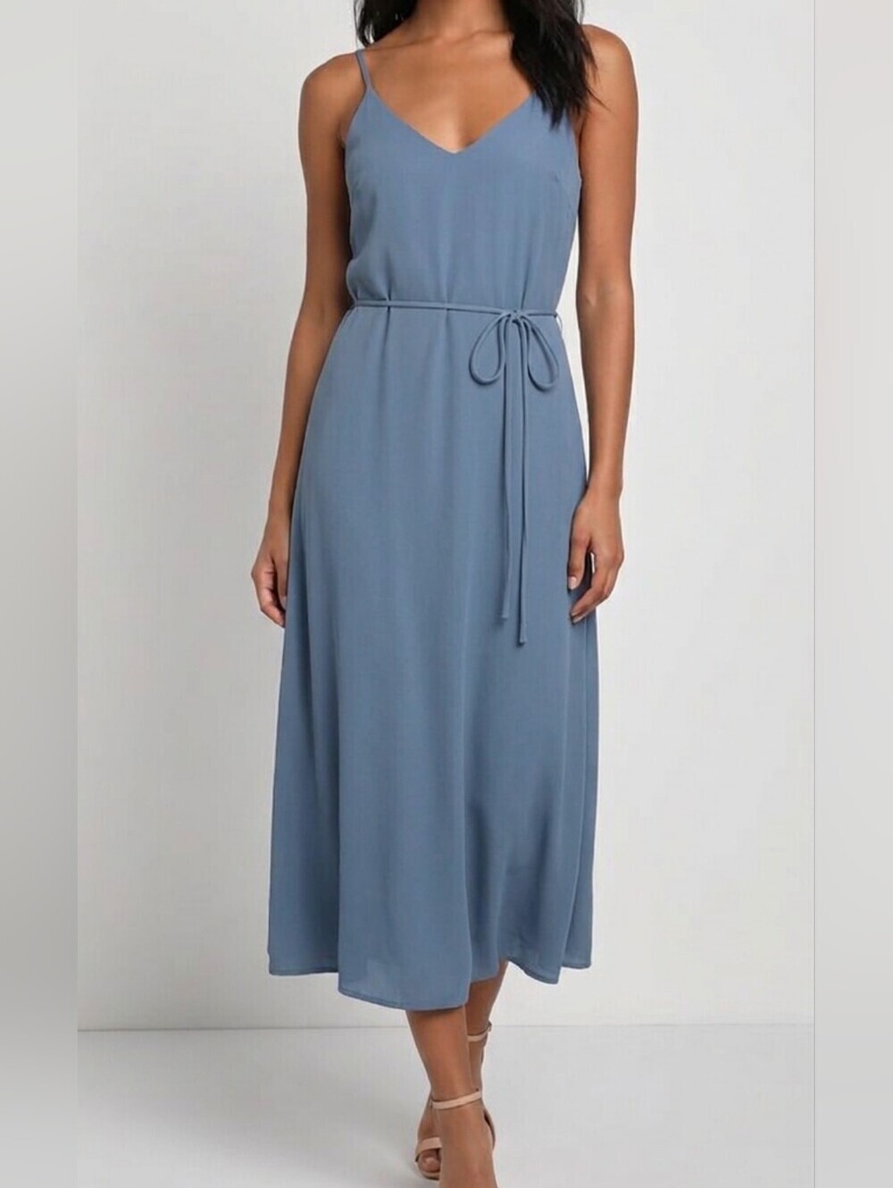 Lulus Breezy Slate Blue V-Neck Chiffon Tie Waist Midi Dress, Size Large, NWT